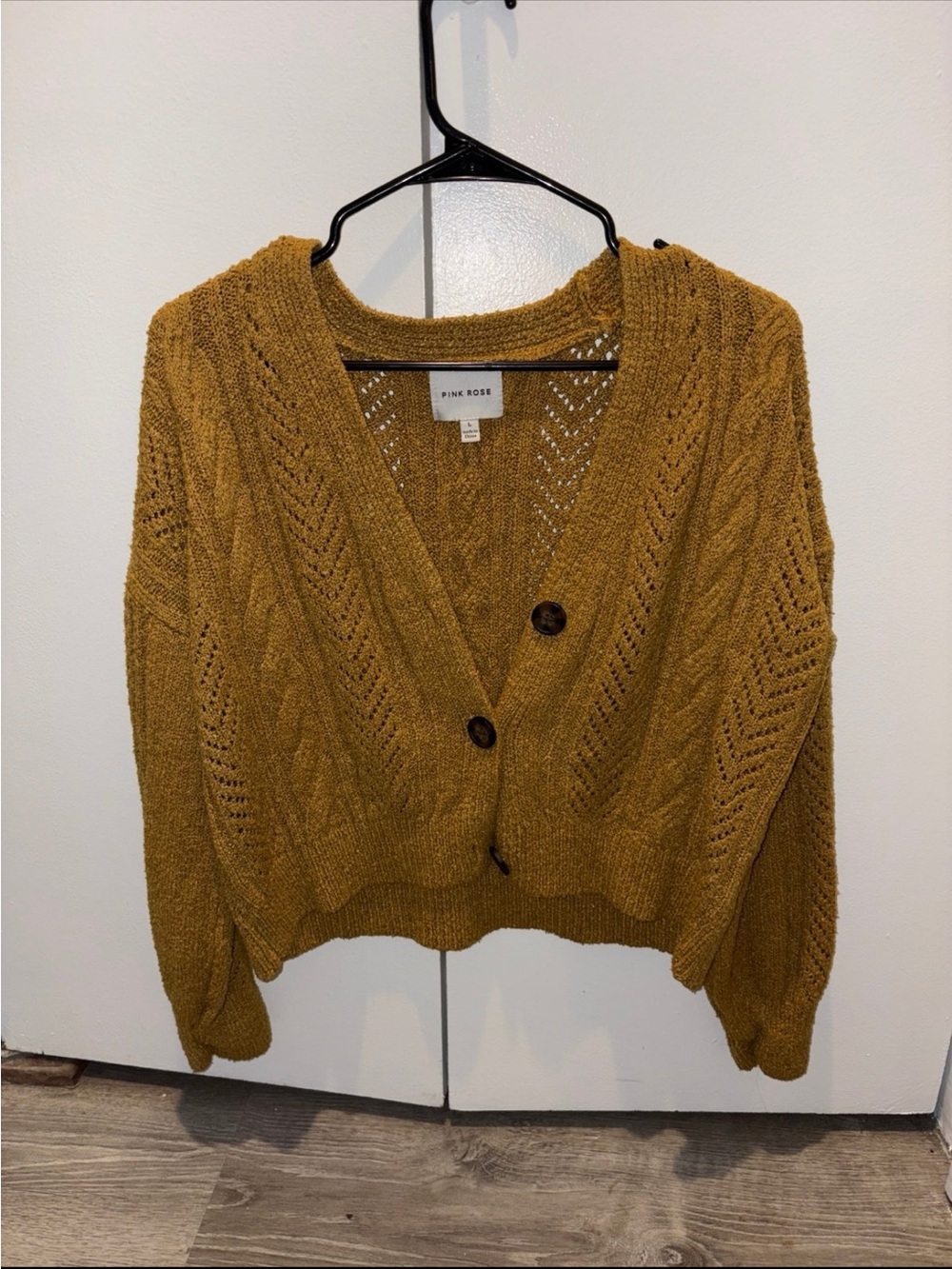 Pink Rose Mustard Openwork V-Neck Button Cardigan